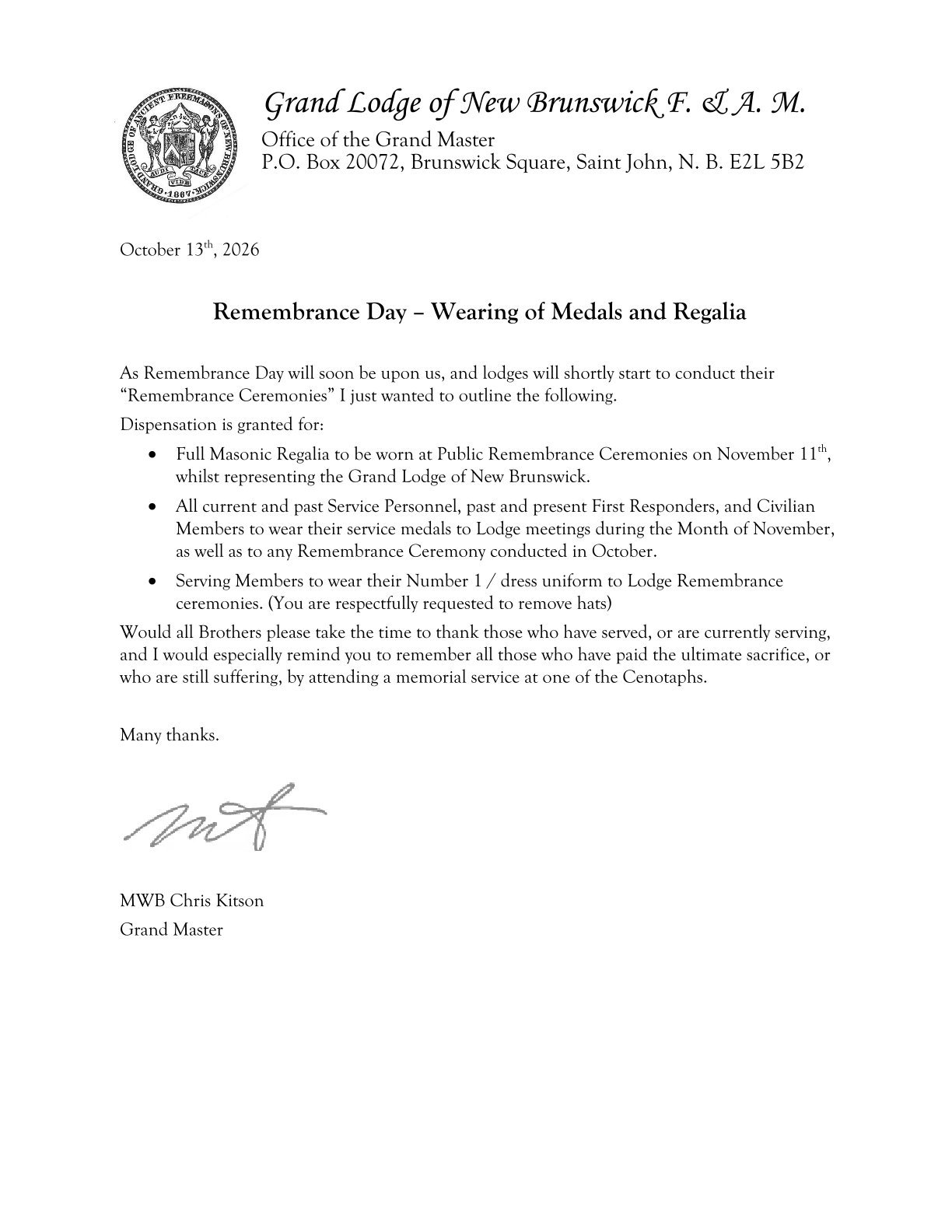 Grand Master's Letter
